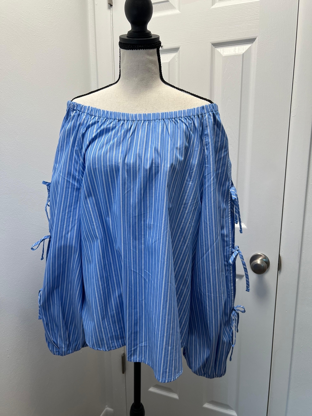 Blue Striped Off-Shoulder Tie-Sleeve Top